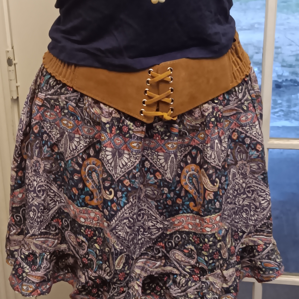 Tan and Brown Bubble Mini Skirt with Ruffled Tie Front
